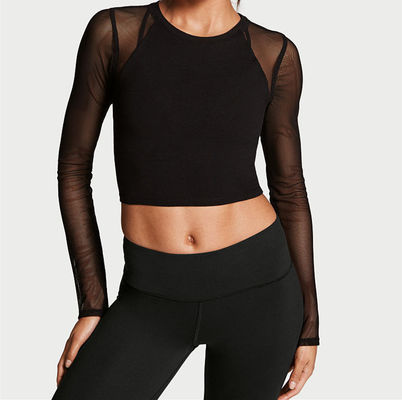 Mesh-sleeve women top mesh panel yoga women crop top
