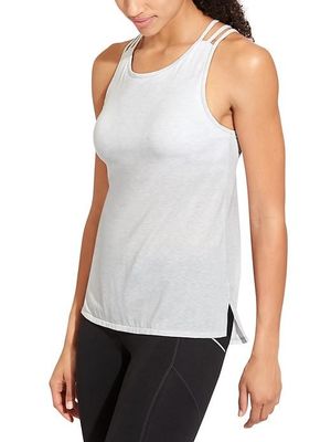 Crossed back design lightweight, body-skimming tank with a step hem eco yoga clothing