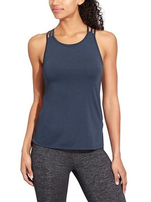 Crossed back design lightweight, body-skimming tank with a step hem eco yoga clothing