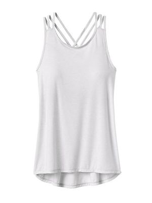 Crossed back design lightweight, body-skimming tank with a step hem eco yoga clothing