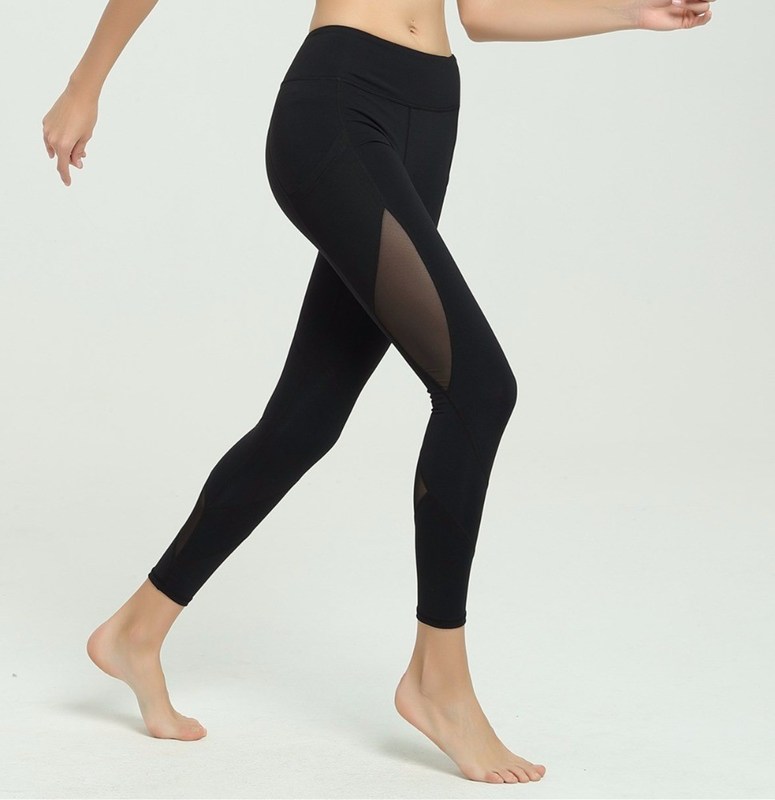Wholesale mesh panel high waisted yoga pants with pockets